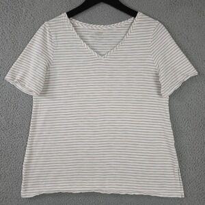 Chicos Shirt Womens 1 US M White Brown Striped V Neck Slub Cotton Ultimate Tee